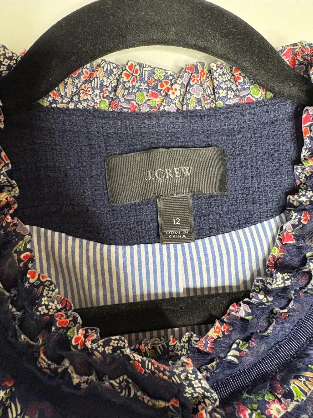 J. Crew Lady Jacket In Navy Blue Tweed Button Down Floral Ruffle Trim Size 12